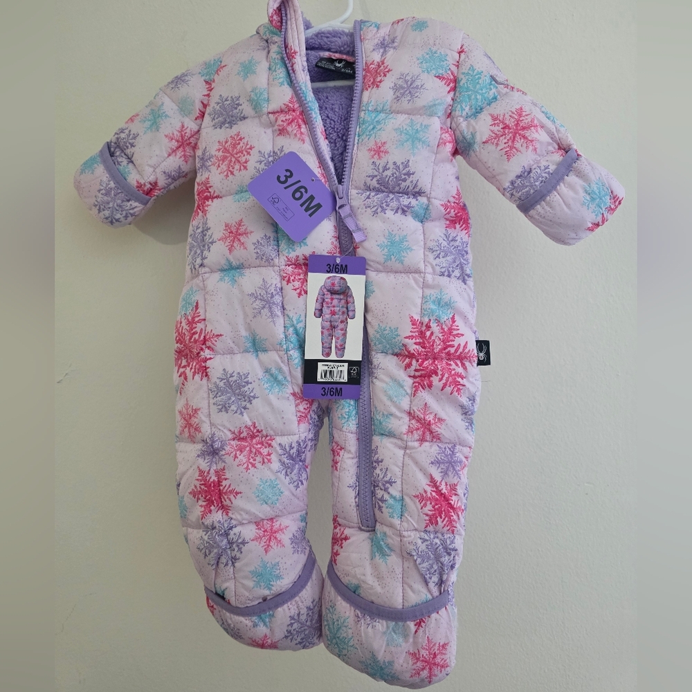Spyder baby girl's 3/6 month purple and pink snowflake 1-piece sherpa-lined snow